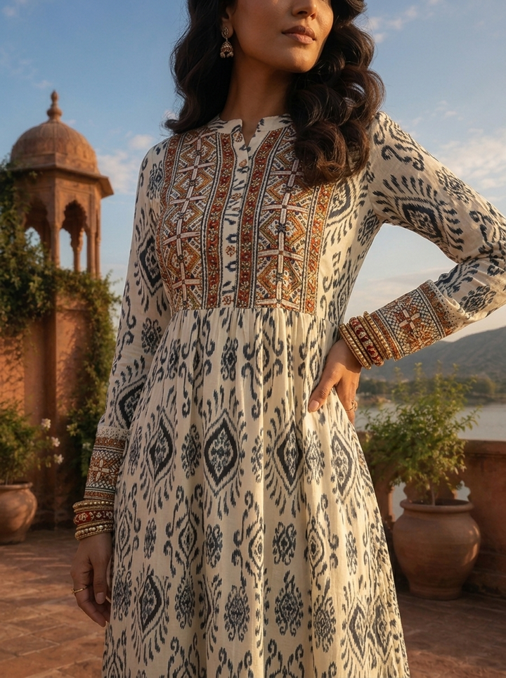 Off White Rayon Tribal Printed Dress