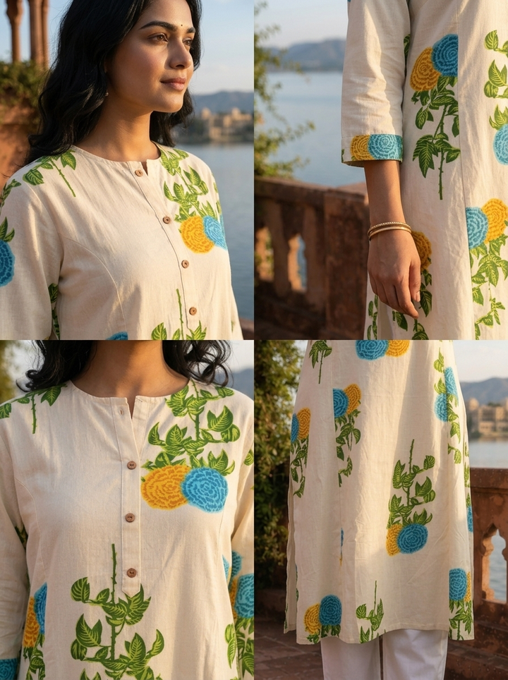 Blue Cotton Marigold Floral Printed Kurta