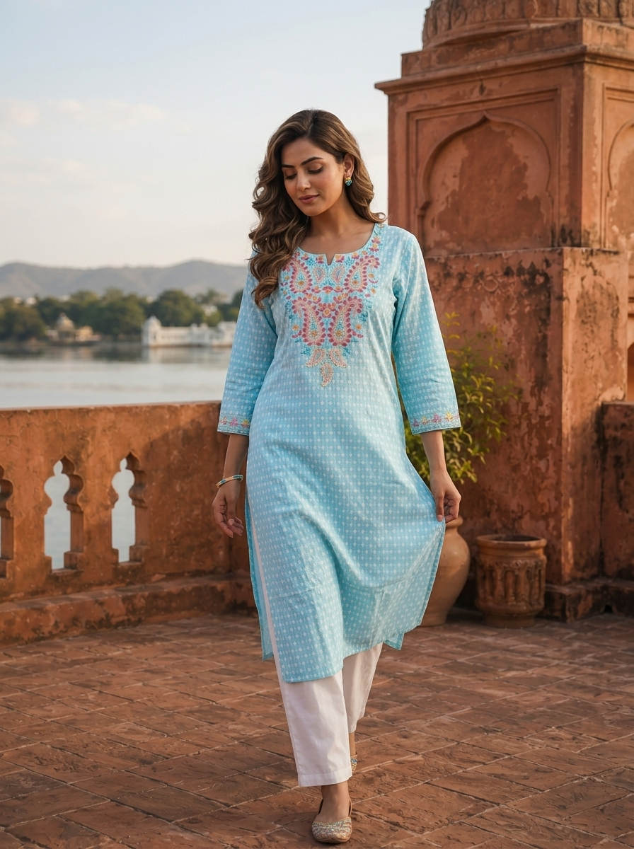 Sky Blue Cotton Multicolor Paisley Embroidered Kurta