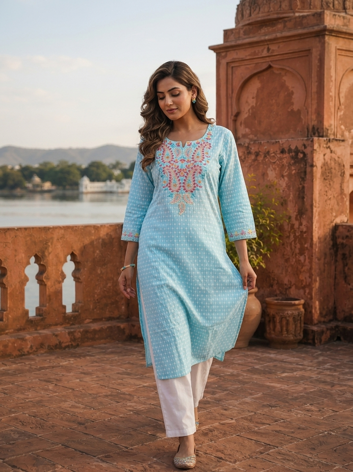 Sky Blue Cotton Multicolor Paisley Embroidered Kurta