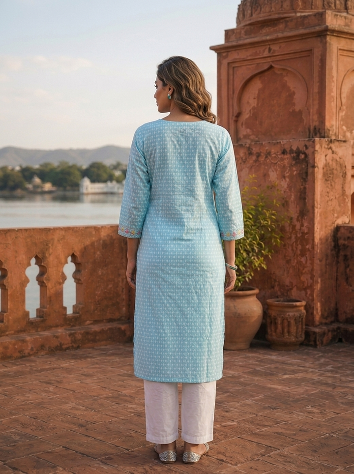 Sky Blue Cotton Multicolor Paisley Embroidered Kurta