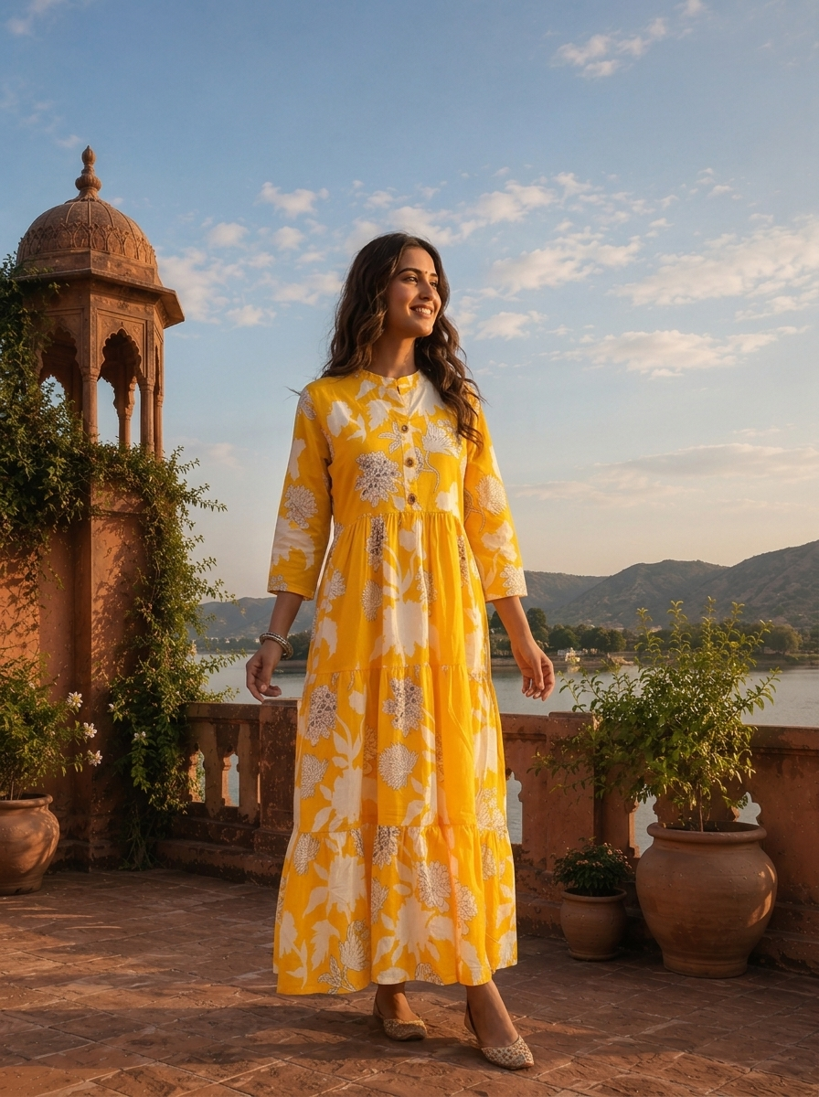 Yellow Cotton Hand Block Printed Aesthetic Dress