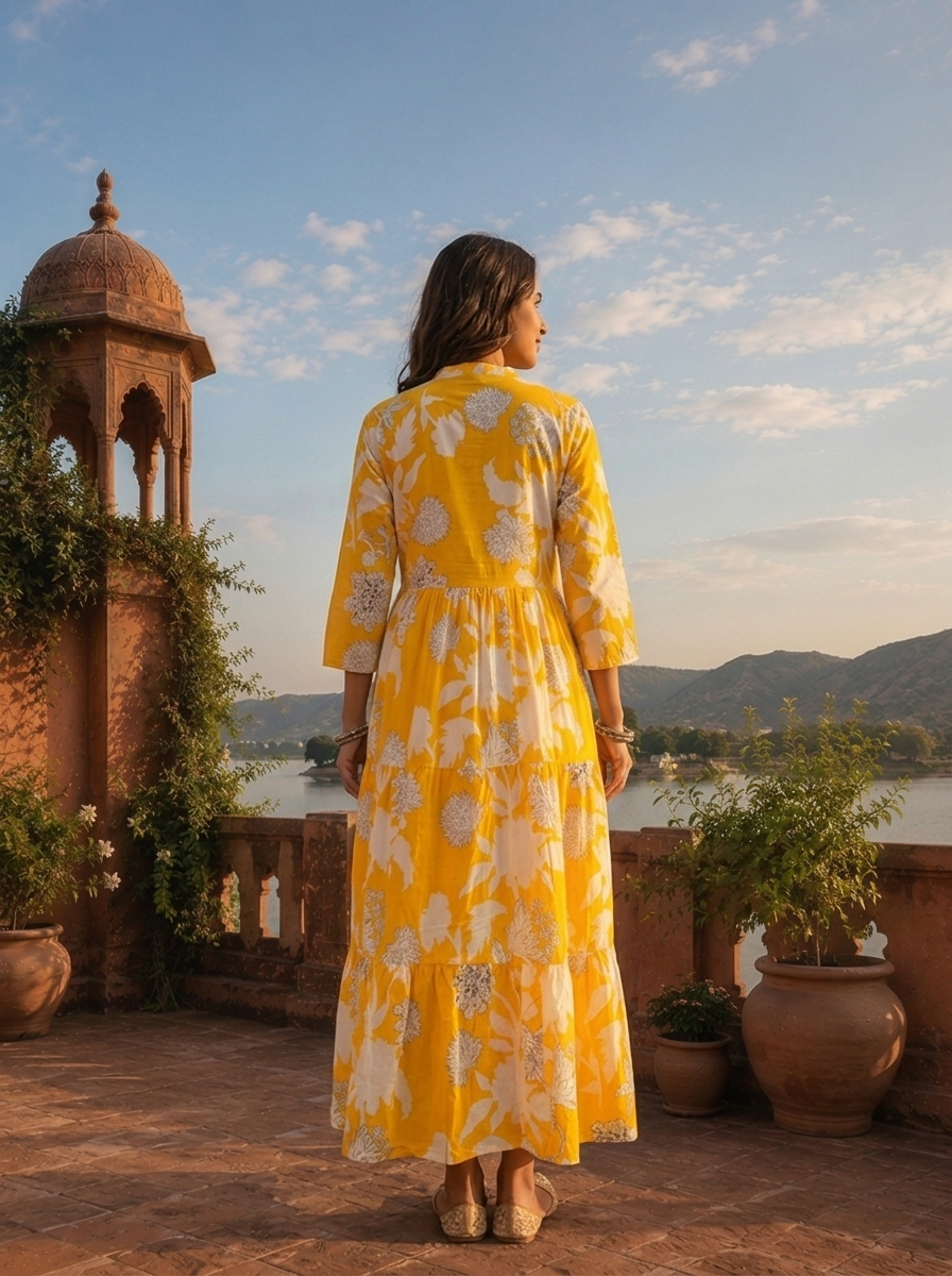 Yellow Cotton Hand Block Printed Aesthetic Dress