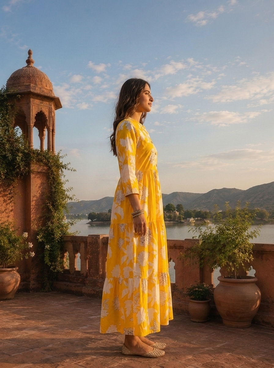 Yellow Cotton Hand Block Printed Aesthetic Dress