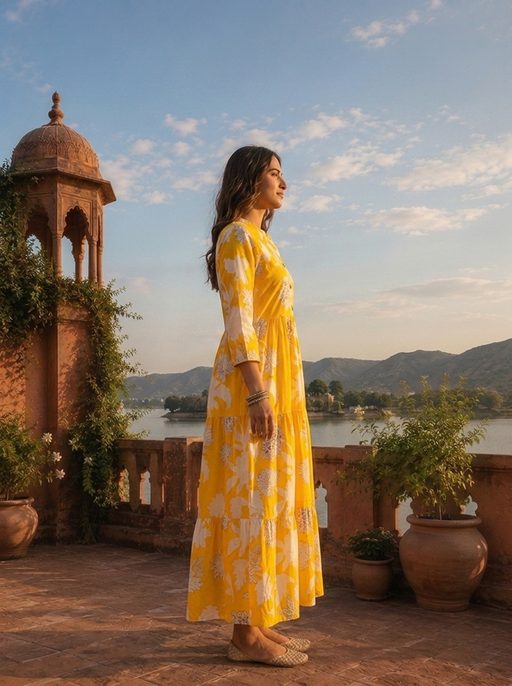 Yellow Cotton Hand Block Printed Aesthetic Dress