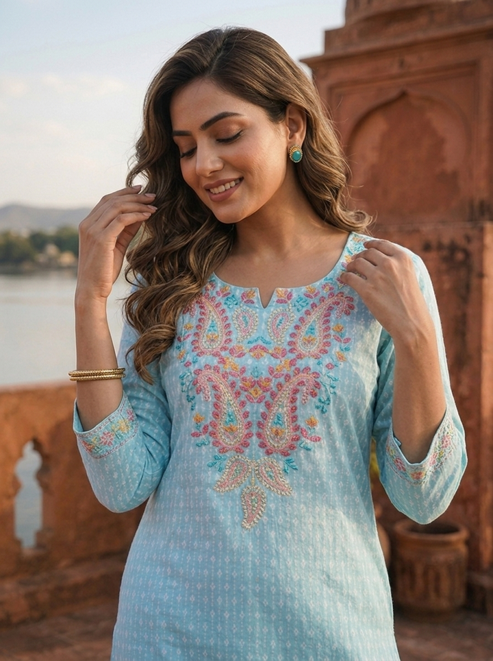 Sky Blue Cotton Multicolor Paisley Embroidered Kurta