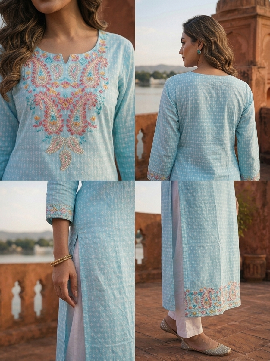 Sky Blue Cotton Multicolor Paisley Embroidered Kurta