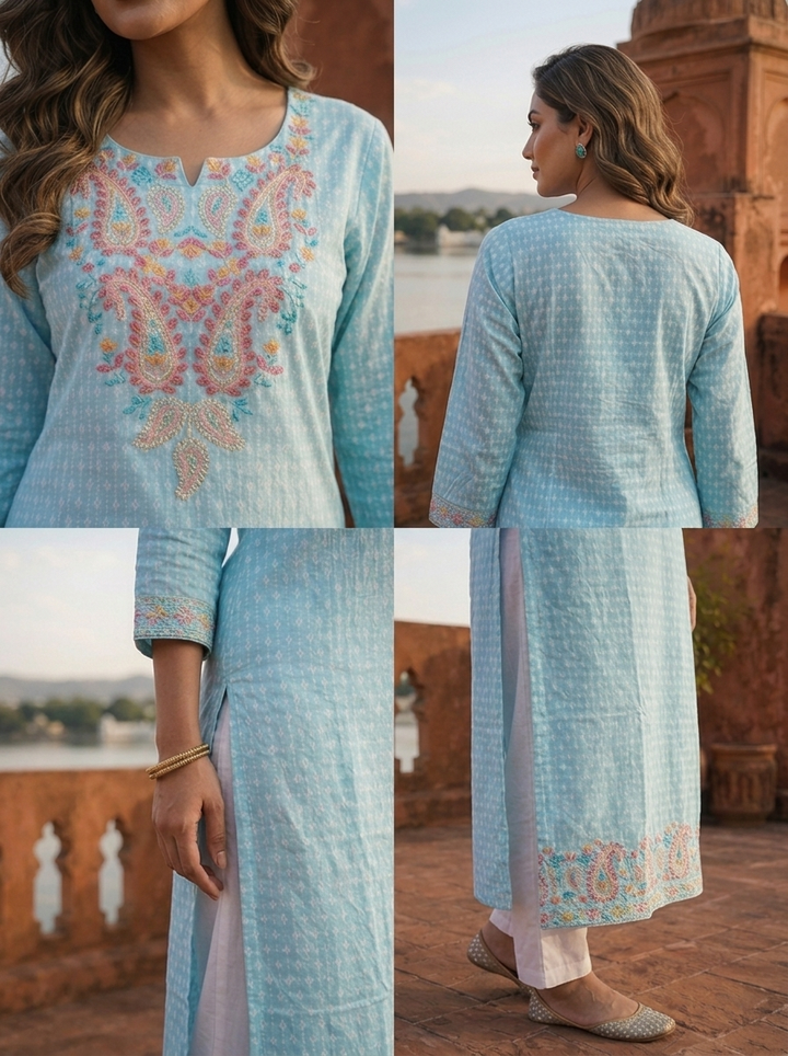 Sky Blue Cotton Multicolor Paisley Embroidered Kurta
