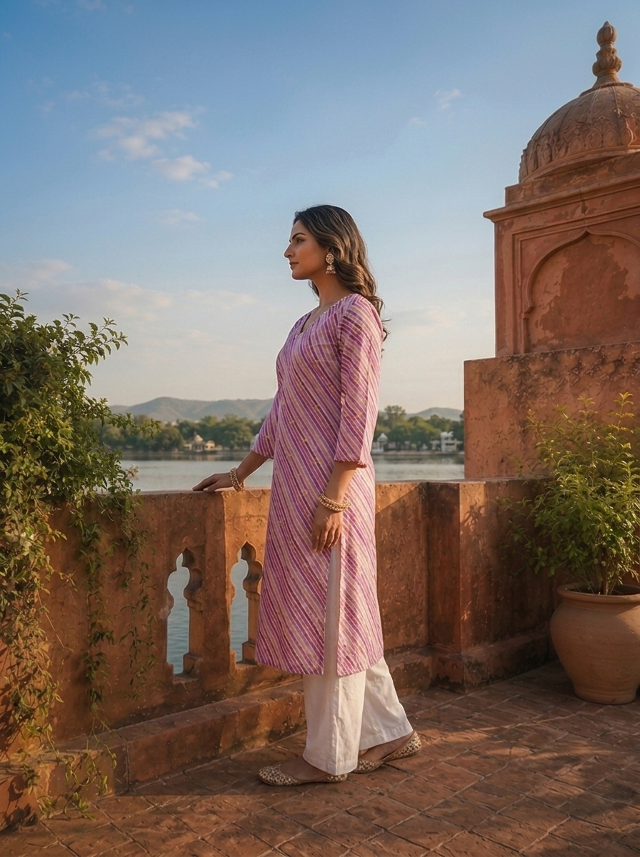 Purple Cotton Leheriya Printed Kurta