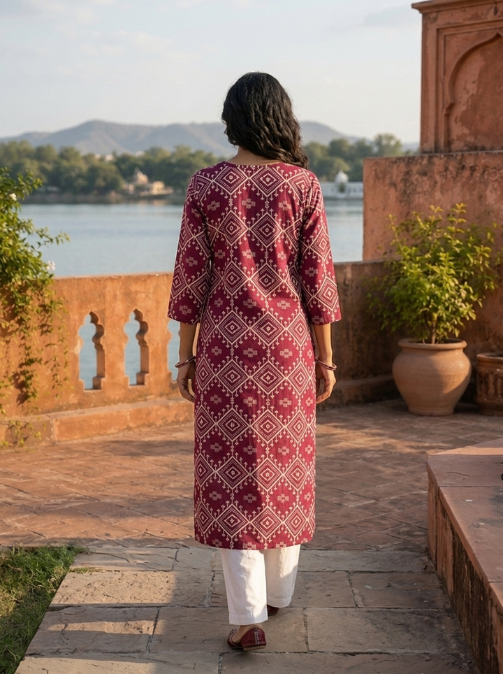 Wine Rayon Diamond Jaal Printed Kurta