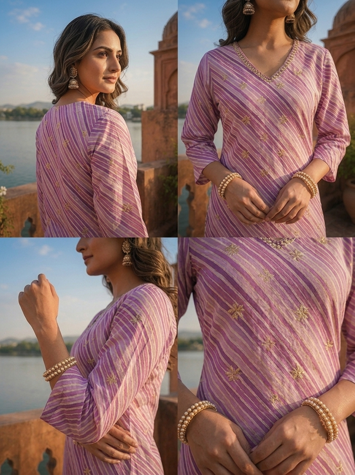Purple Cotton Leheriya Printed Kurta