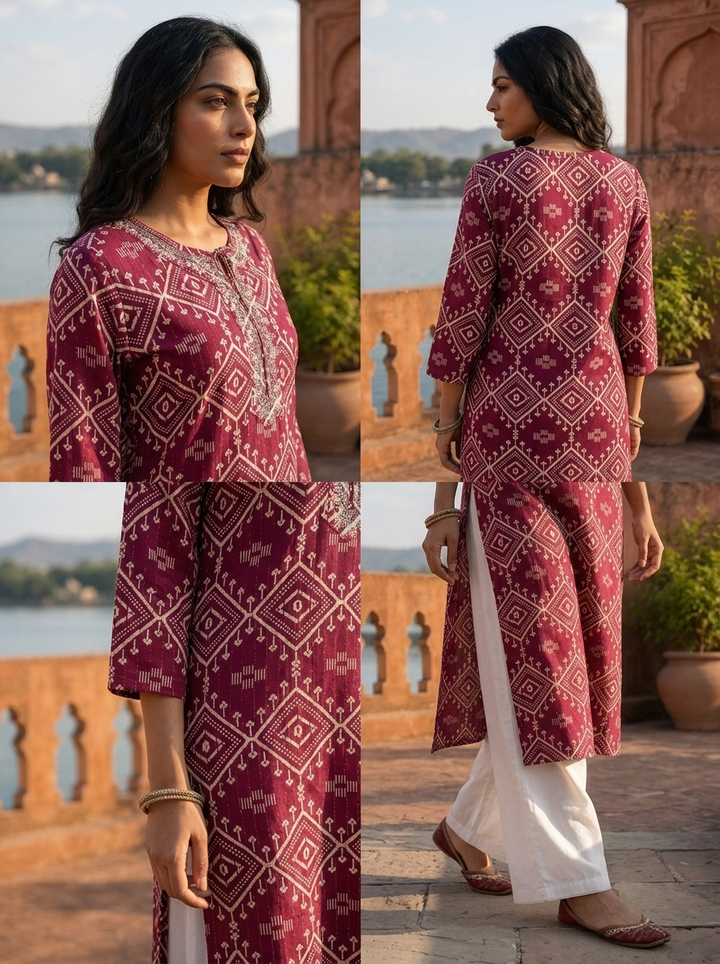 Wine Rayon Diamond Jaal Printed Kurta