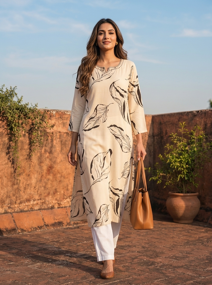 Cream Rayon Leaf Sketch Printed Kurta