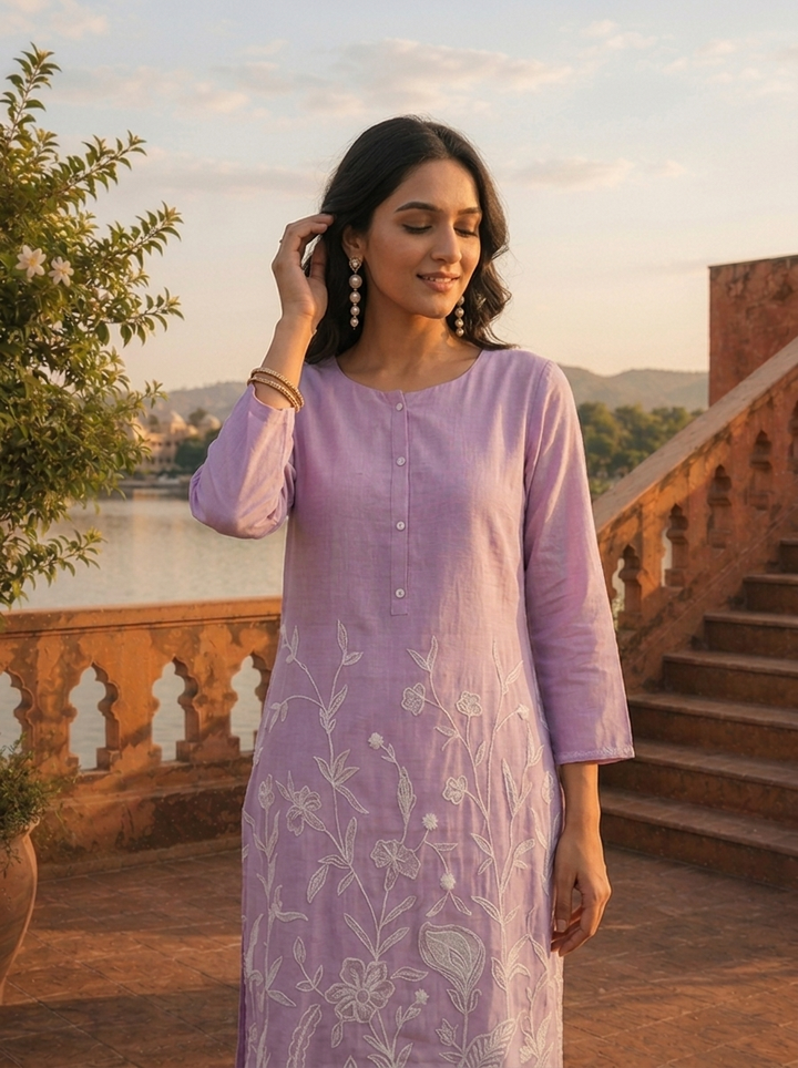 Lavender Rayon Tonal Floral Embroidered Kurta