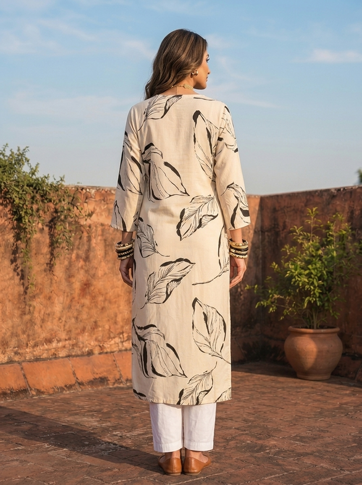 Cream Rayon Leaf Sketch Printed Kurta