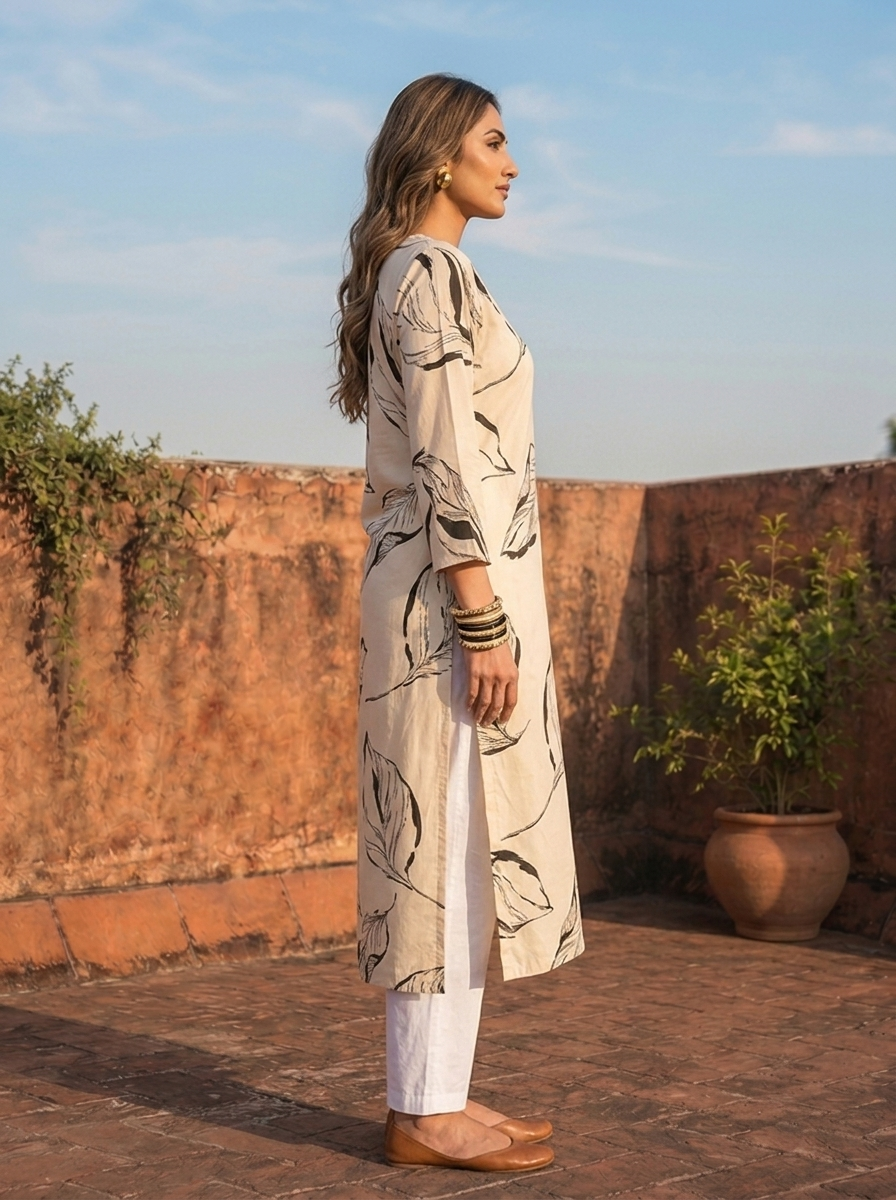 Cream Rayon Leaf Sketch Printed Kurta