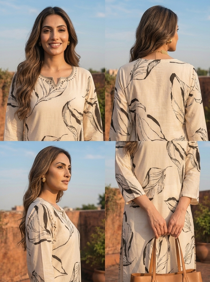Cream Rayon Leaf Sketch Printed Kurta