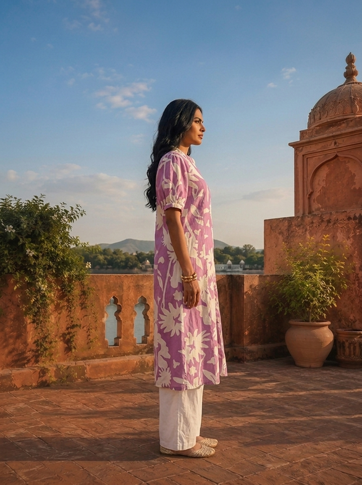 Lavender Cotton Tropical Printed Kurta