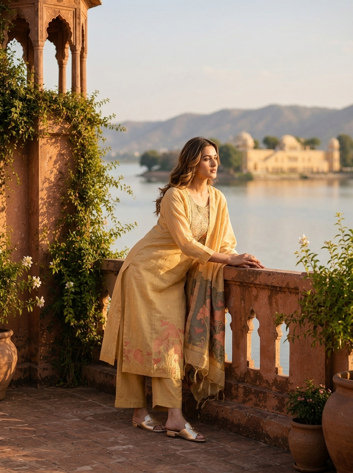 Gold Chanderi Silk Woven Botanical Motif Three Piece Set