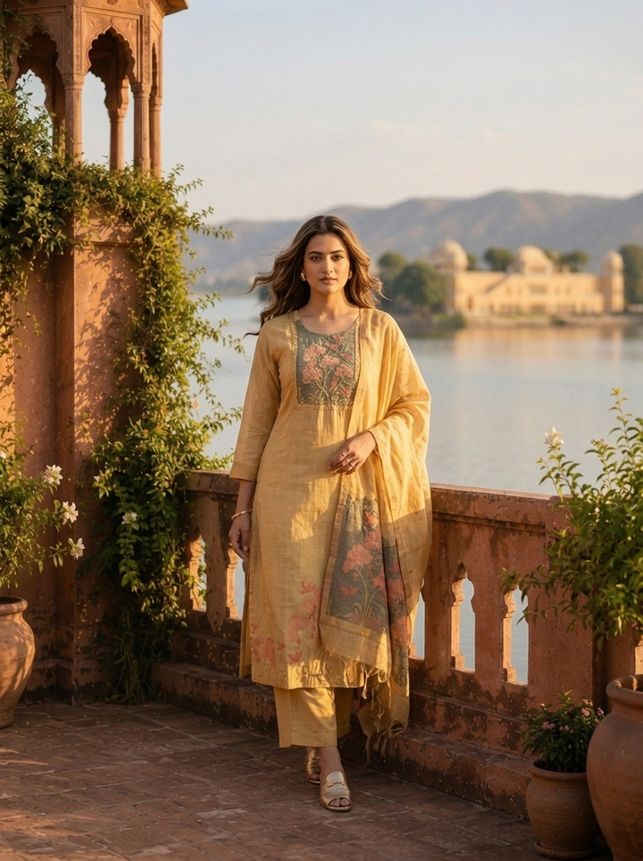 Gold Chanderi Silk Woven Botanical Motif Three Piece Set