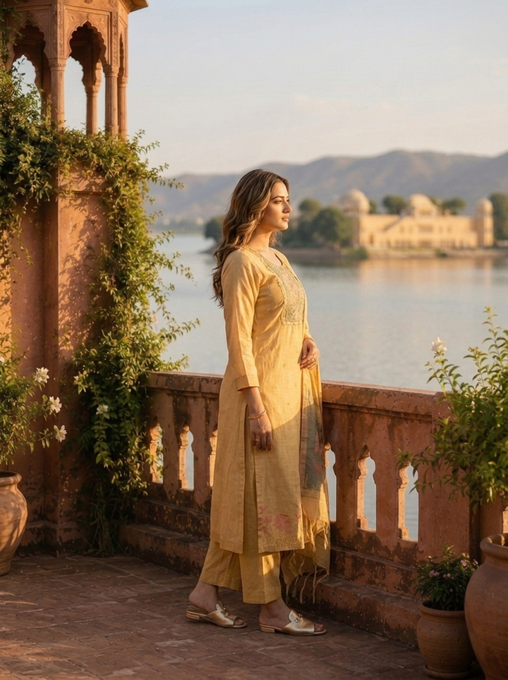 Gold Chanderi Silk Woven Botanical Motif Three Piece Set