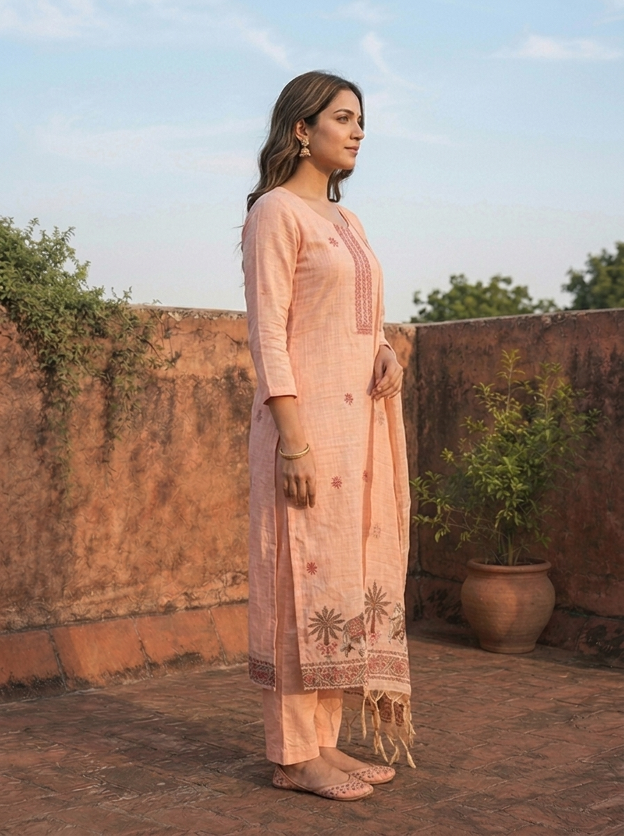 Peach Chanderi Silk Pichwai Motif Weaved Three Piece Set