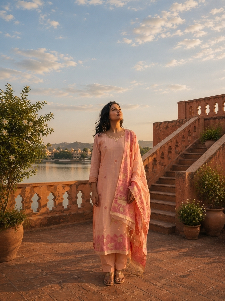 Onion Chanderi Silk Maple Leaf Weaved Three Piece Set