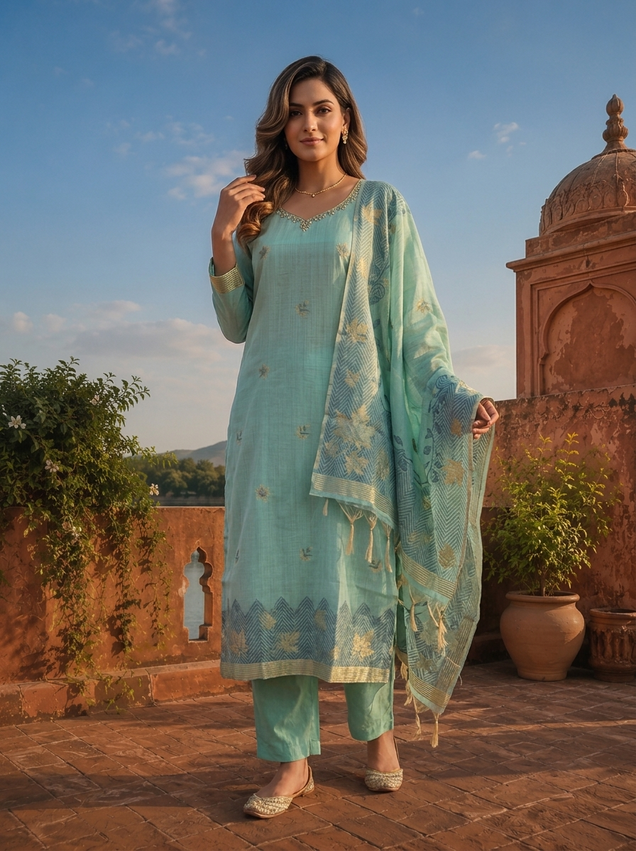 Ice Blue Chanderi Silk Maple Leaf Weaved Three Piece Set