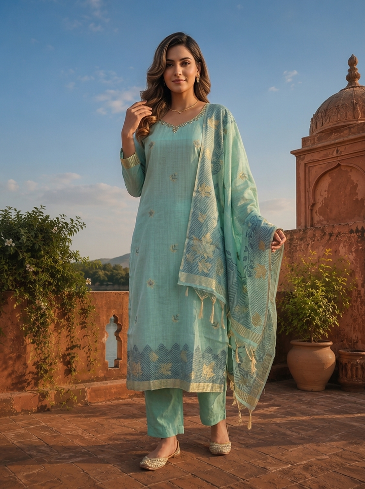 Ice Blue Chanderi Silk Maple Leaf Weaved Three Piece Set