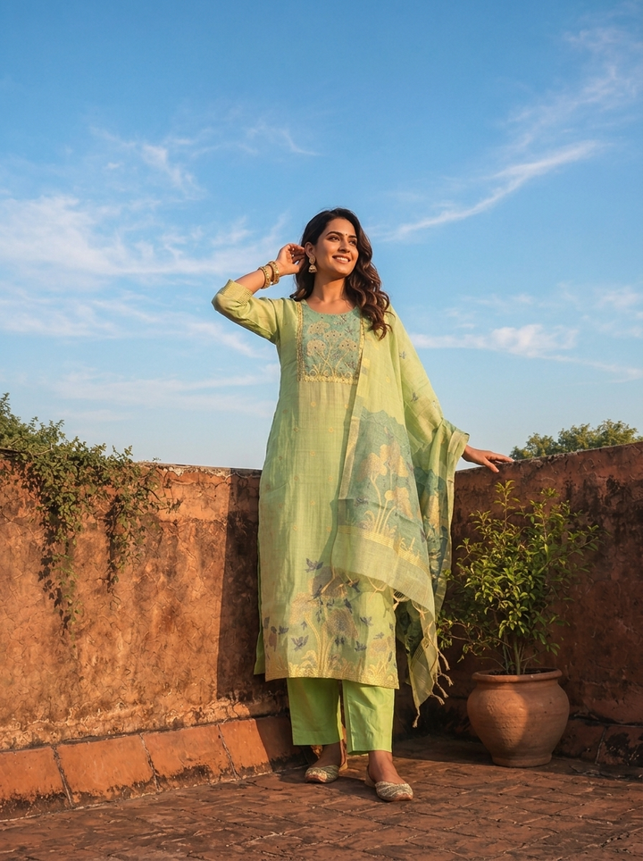 Green Chanderi Silk Woven Botanical Motif Three Piece Set
