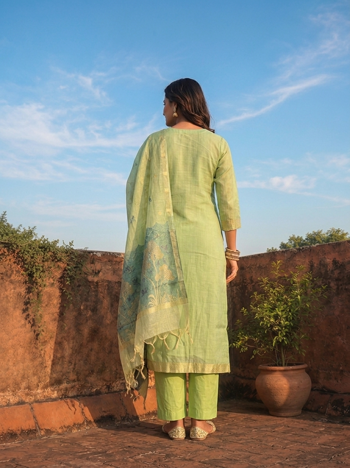 Green Chanderi Silk Woven Botanical Motif Three Piece Set