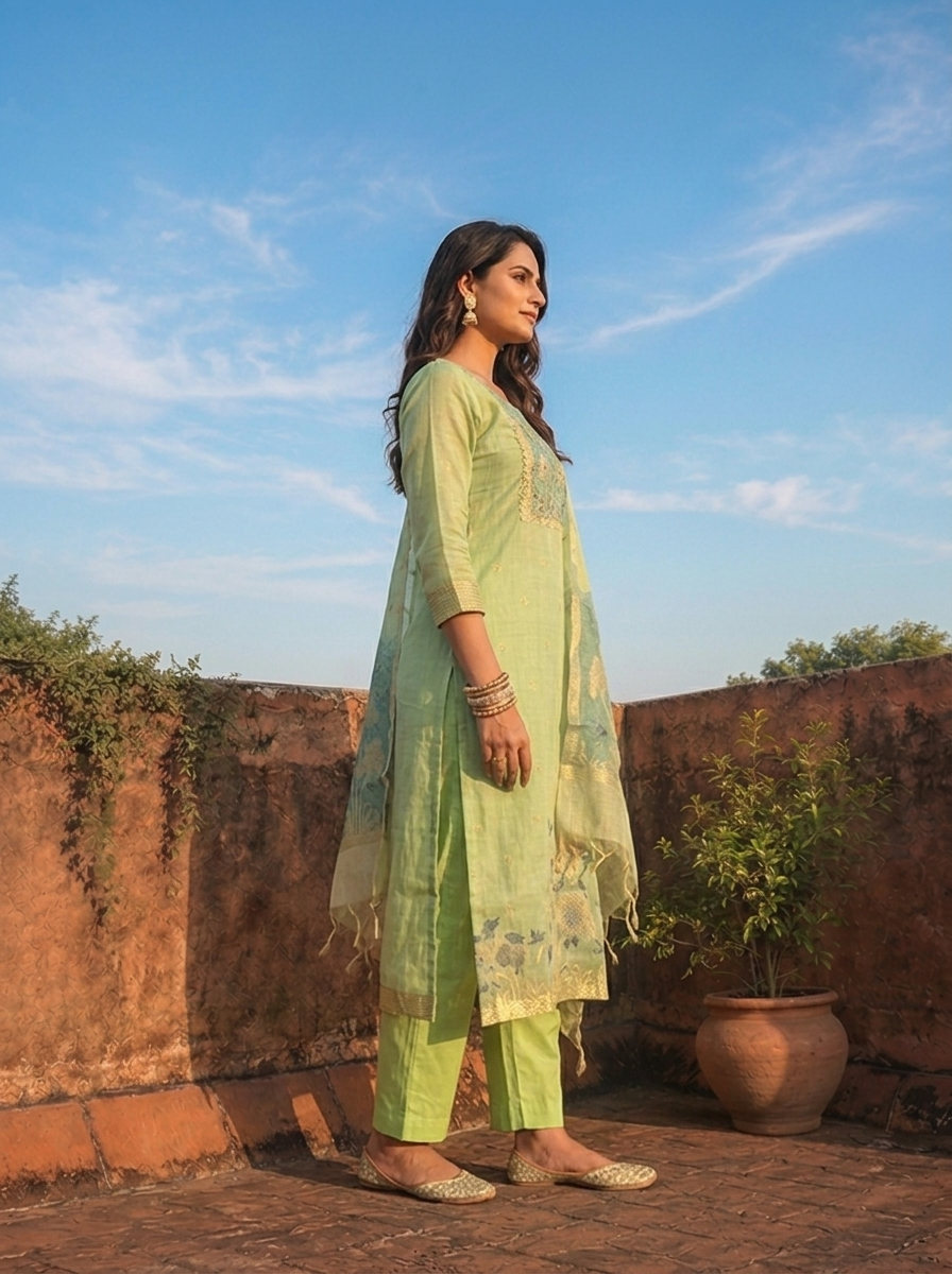 Green Chanderi Silk Woven Botanical Motif Three Piece Set