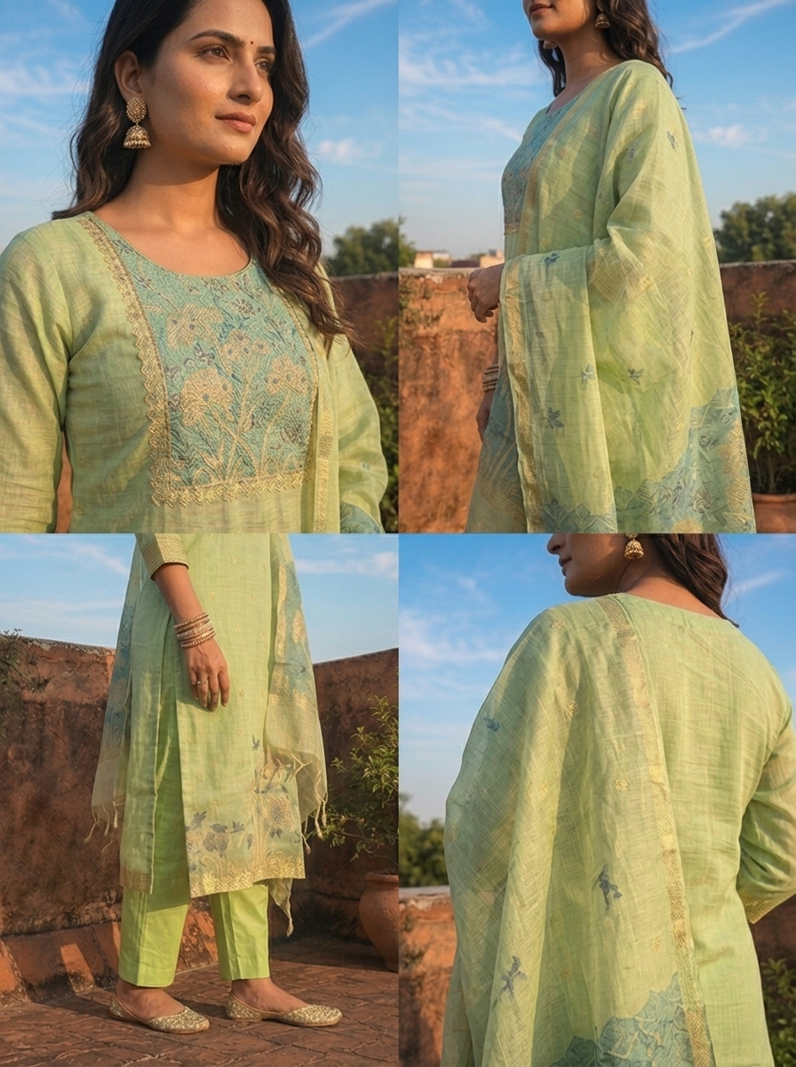 Green Chanderi Silk Woven Botanical Motif Three Piece Set