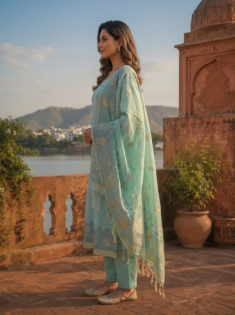 Ice Blue Chanderi Silk Maple Leaf Weaved Three Piece Set