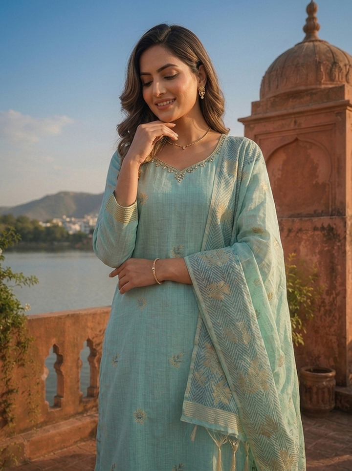 Ice Blue Chanderi Silk Maple Leaf Weaved Three Piece Set