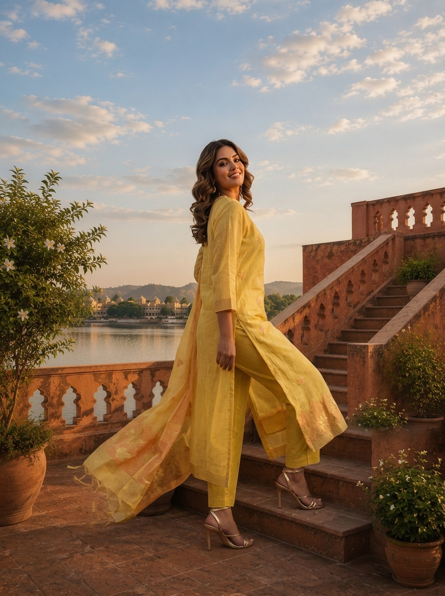 Yellow Chanderi Silk Maple Leaf Weaved Three Piece Set