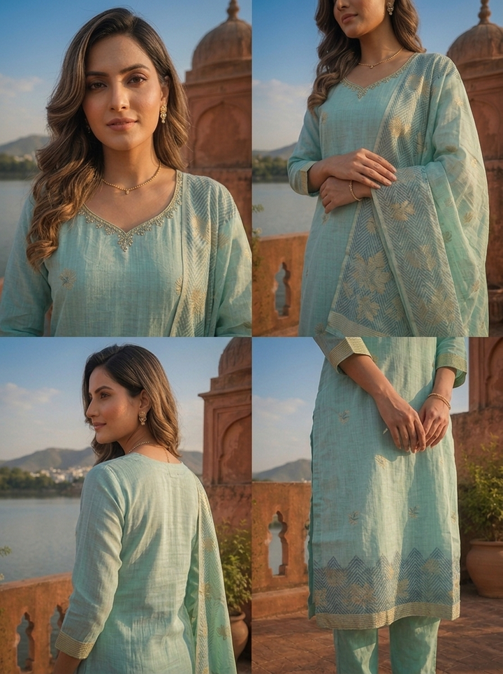Ice Blue Chanderi Silk Maple Leaf Weaved Three Piece Set