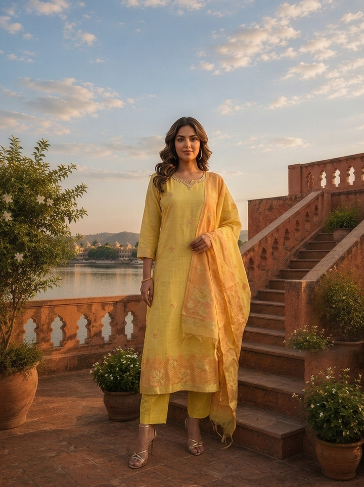 Yellow Chanderi Silk Maple Leaf Weaved Three Piece Set