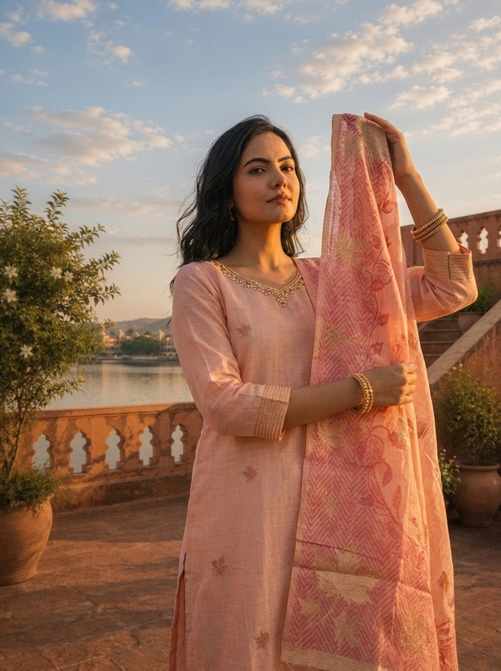 Onion Chanderi Silk Maple Leaf Weaved Three Piece Set