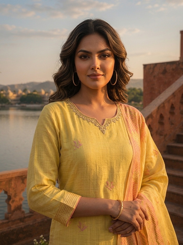 Yellow Chanderi Silk Maple Leaf Weaved Three Piece Set