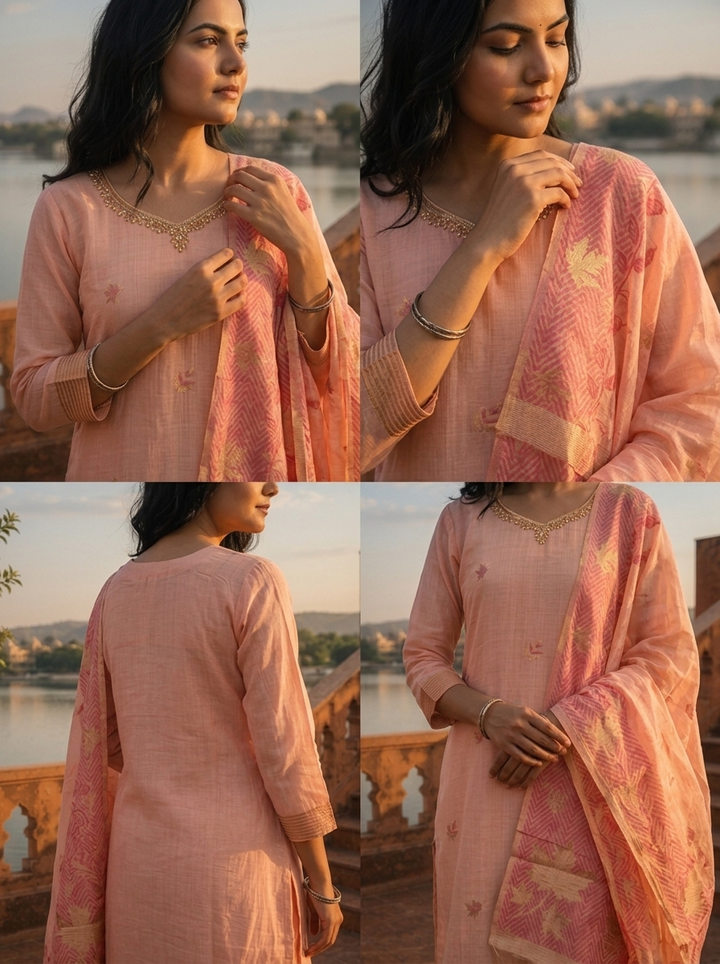 Onion Chanderi Silk Maple Leaf Weaved Three Piece Set