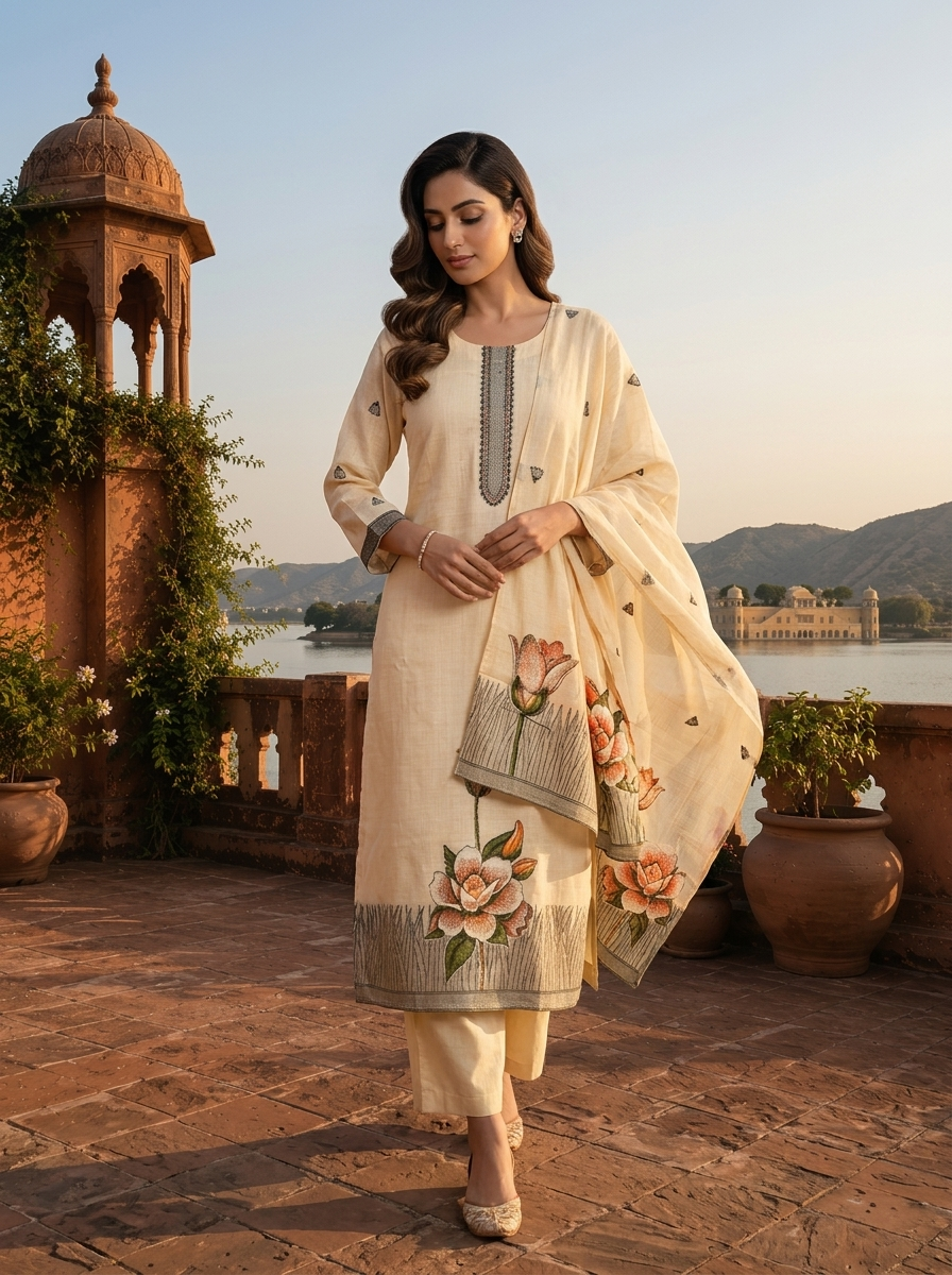 Beige Chanderi Silk Botanical Lotus Motifs Printed Three Piece Set
