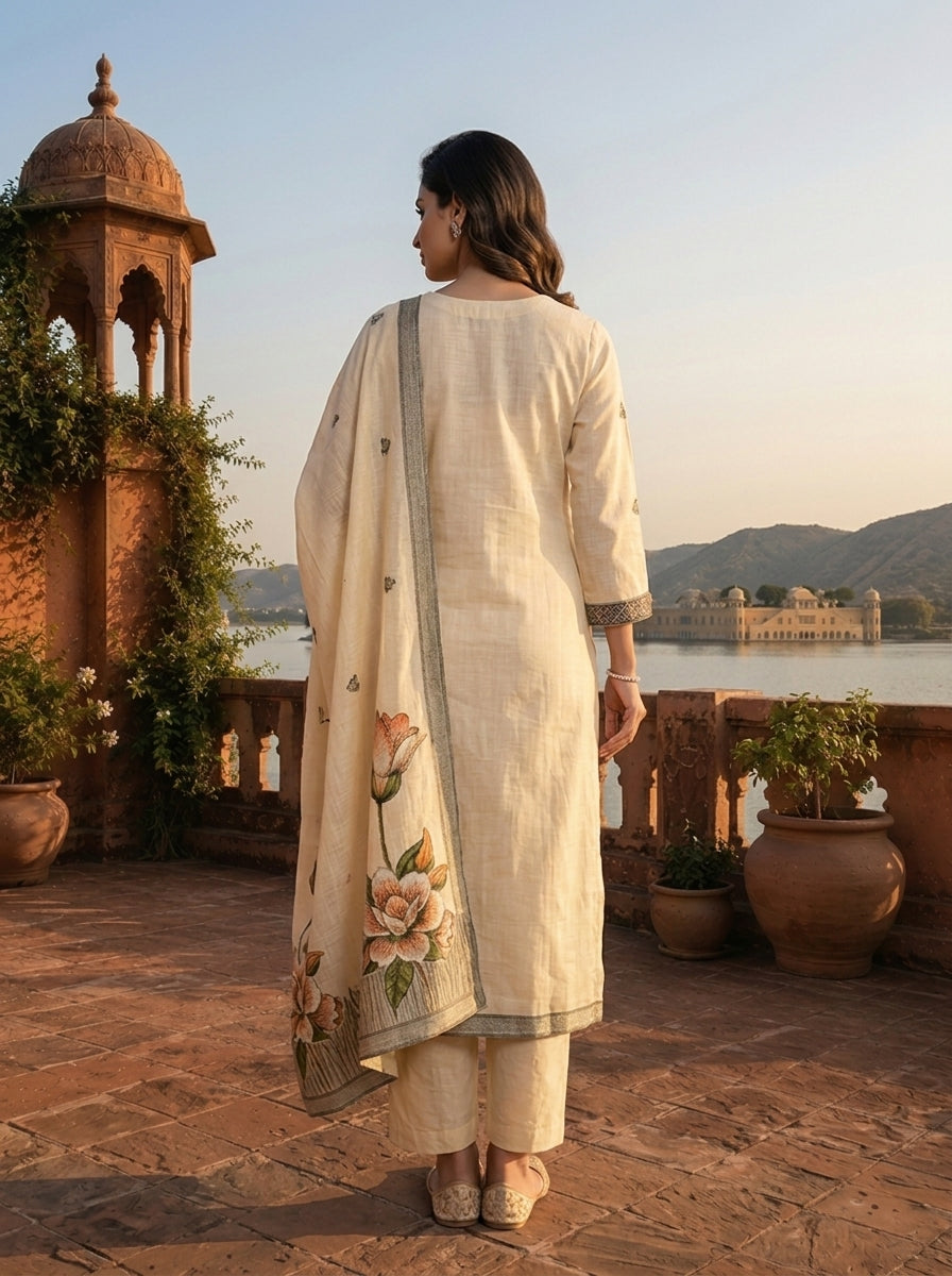Beige Chanderi Silk Botanical Lotus Motifs Printed Three Piece Set