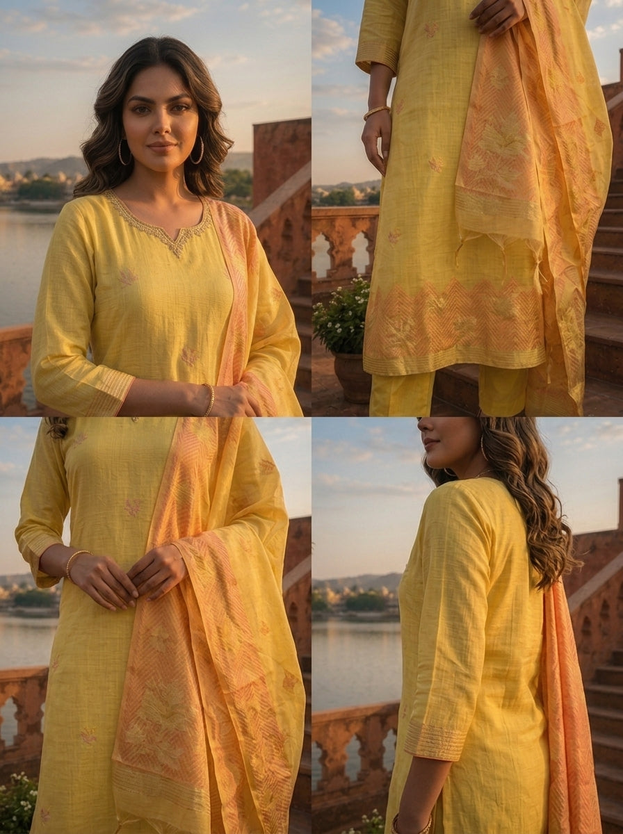 Yellow Chanderi Silk Maple Leaf Weaved Three Piece Set