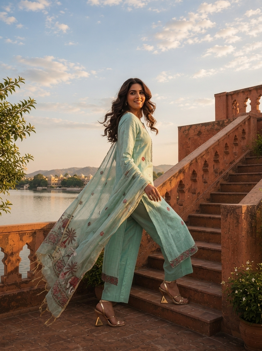 Ice Blue Chanderi Silk Pichwai Motif Weaved Three Piece Set