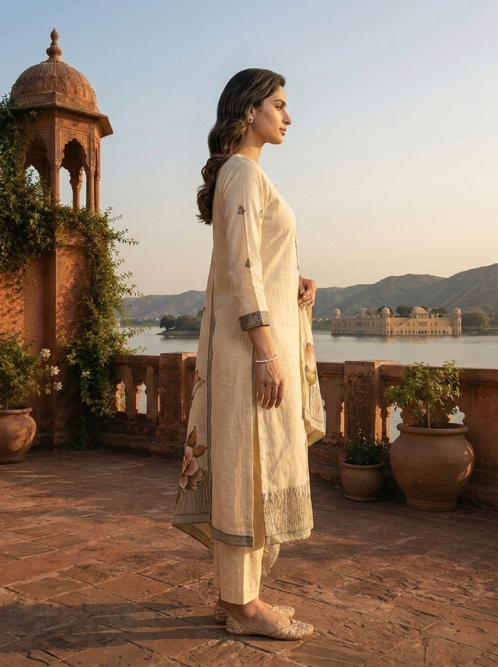 Beige Chanderi Silk Botanical Lotus Motifs Printed Three Piece Set