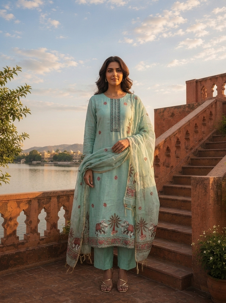 Ice Blue Chanderi Silk Pichwai Motif Weaved Three Piece Set