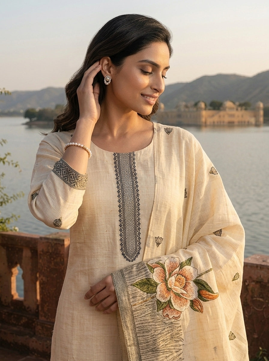 Beige Chanderi Silk Botanical Lotus Motifs Printed Three Piece Set