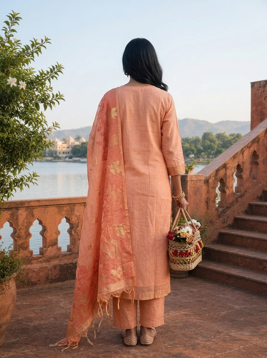 Peach Chanderi Silk Maple Leaf Weaved Three Piece Set