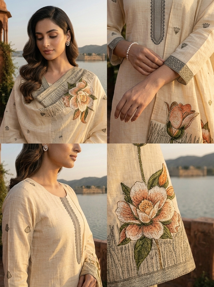 Beige Chanderi Silk Botanical Lotus Motifs Printed Three Piece Set
